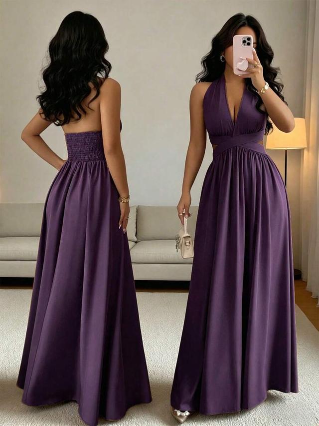 purple sleeveless v-neck waist hollow pleated dress