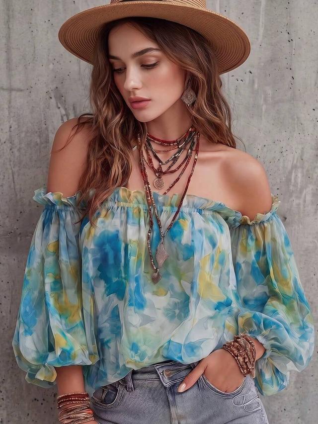 floral print cold shoulder sheer blouse