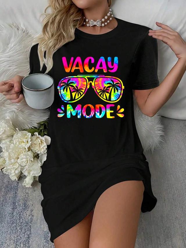 black cotton graphic t-shirt dress with tie-dye print