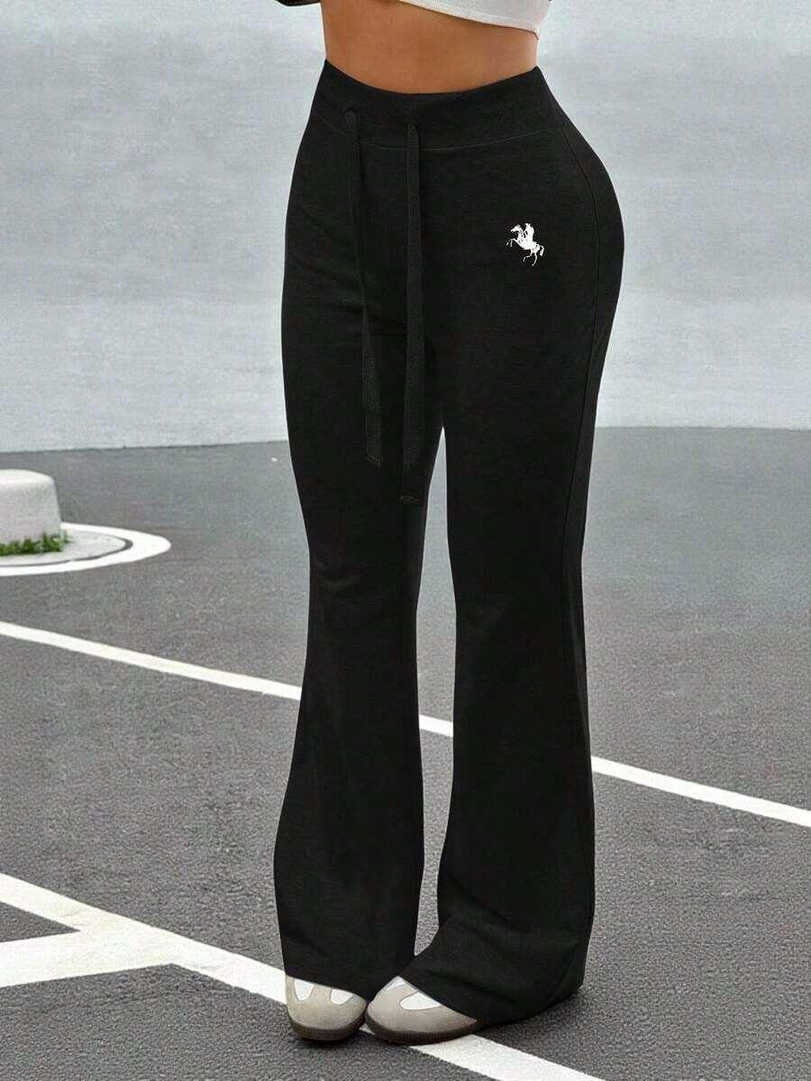 black women's casual embroidered drawstring waist flare sweatpants