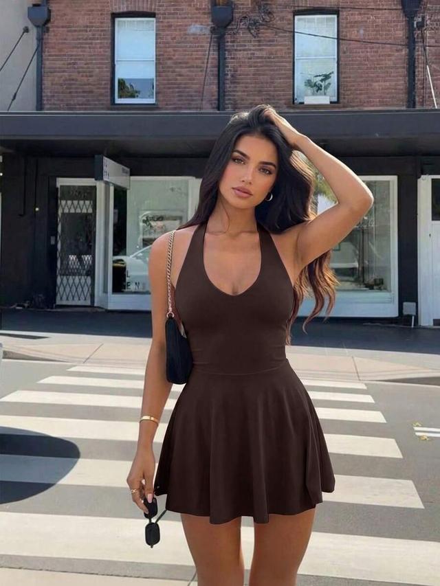 brown halter neck skater mini dress