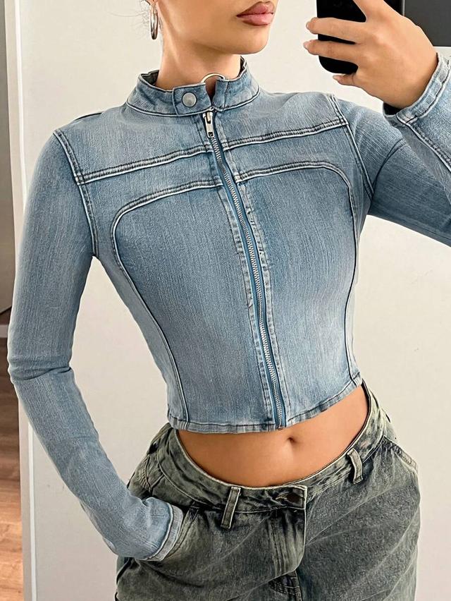 light wash denim zip-up cropped jacket