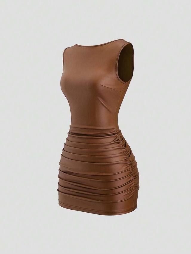 coffee brown ruched slim mini leather dress