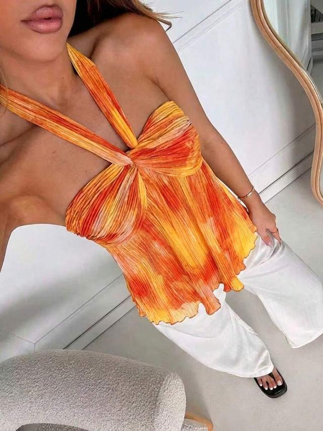 orange yellow tie-dye pleated halter cami top