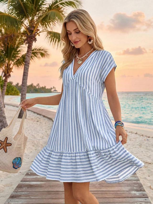 blue and white striped cotton beach doll dress