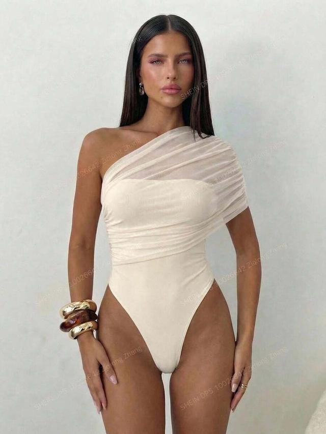 apricot asymmetric one-shoulder ruched mesh bodysuit
