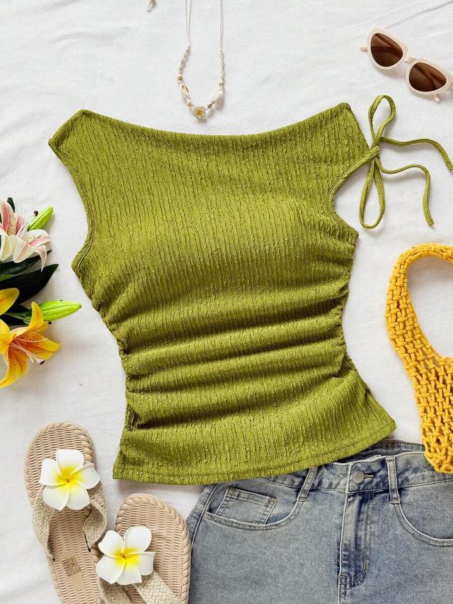 olive green textured fitted tie-waist slit sleeve top