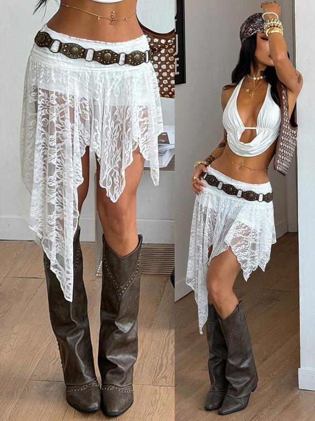 white floral lace asymmetrical ruffle mini skort