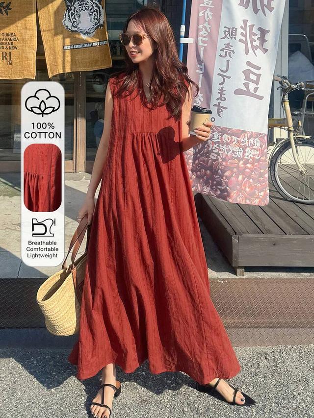 rust red sleeveless notched neck textured cotton dress
