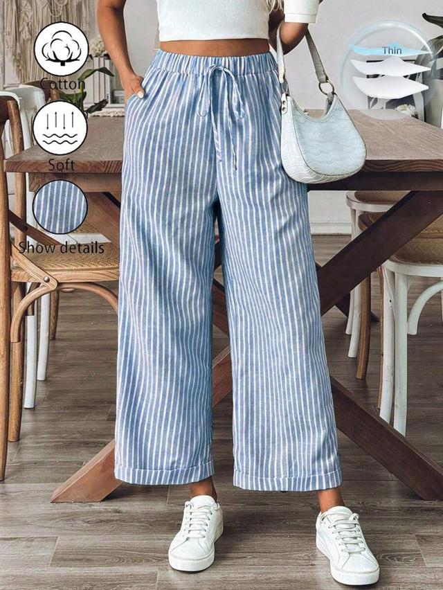 breezaya blue and white striped wide-leg casual trousers