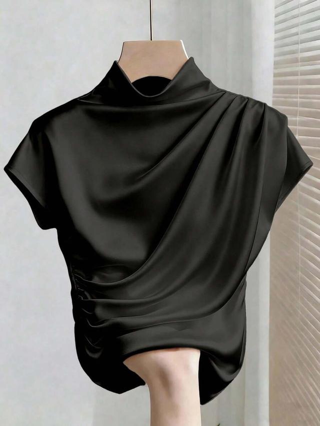 black satin mock neck pleated short sleeve top