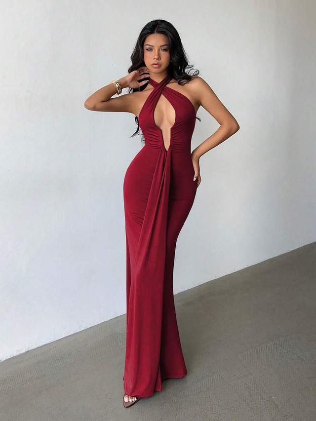 burgundy red halter v neck backless maxi dress