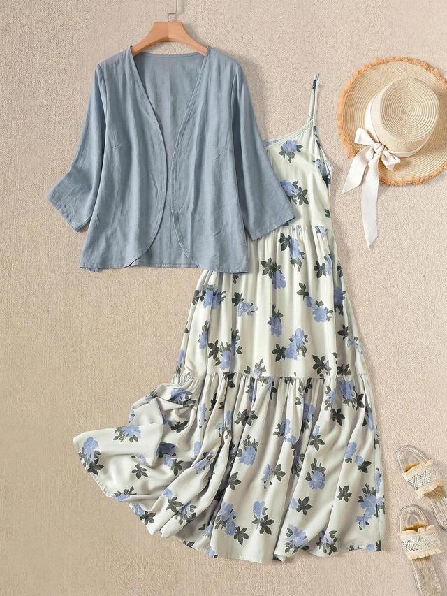 floral print camisole dress and solid cardigan set
