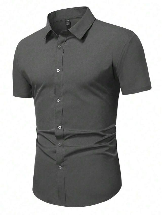 solid charcoal grey short sleeve casual formal shirt