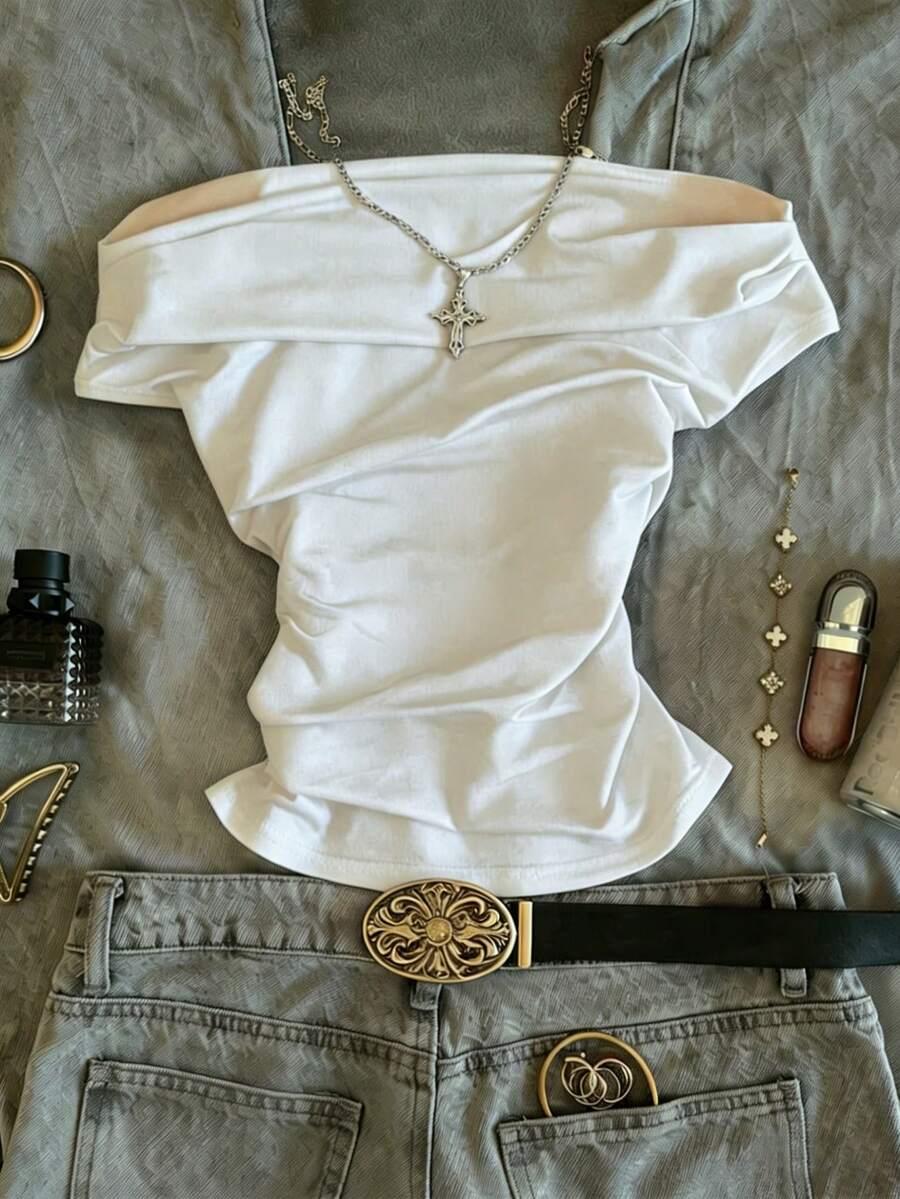 solid white off-shoulder ruched casual t-shirt