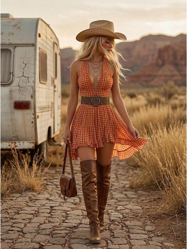 orange gingham halter dress with ruffled high-low hem