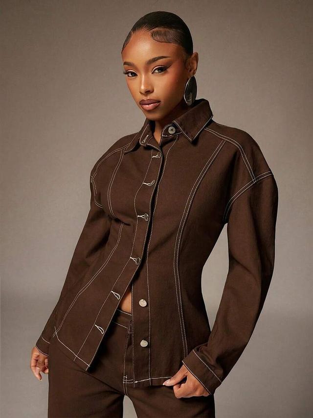 brown contrast stitch cinched waist denim top