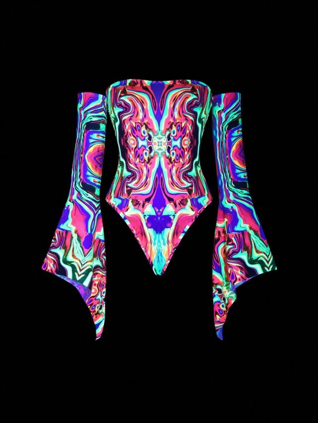 psychedelic multi reflective colorful off shoulder flare sleeve bodysuit
