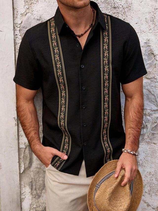 black floral embroidered short sleeve button up shirt