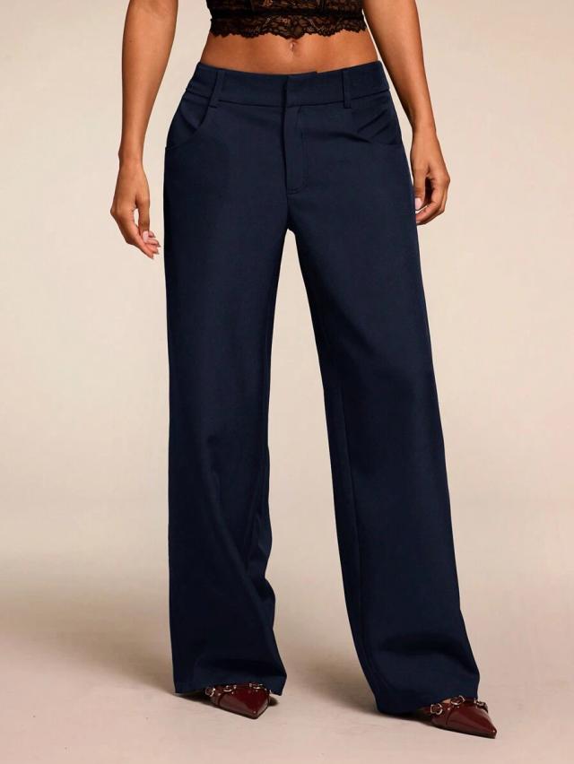 women's black solid color wide-leg trousers