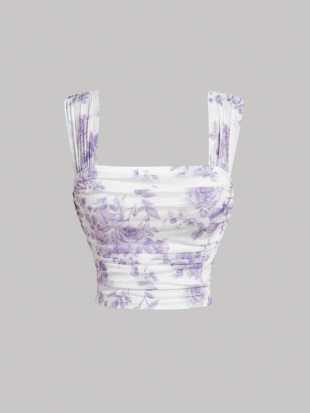 square neck lilac and white floral pleated slim top