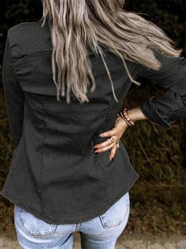 solid black button-down denim shirt blouse