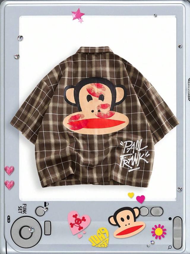 brown plaid graphic print dropped shoulder shirt