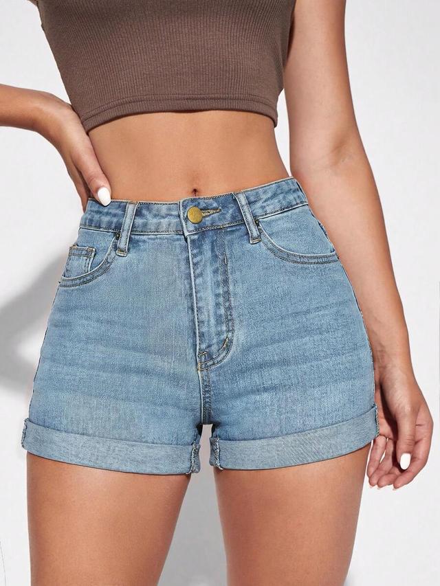 light blue cuffed denim shorts with pockets