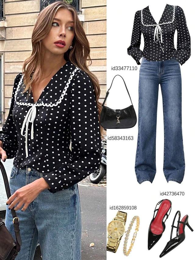polka dot v-neck blouse with lace trim