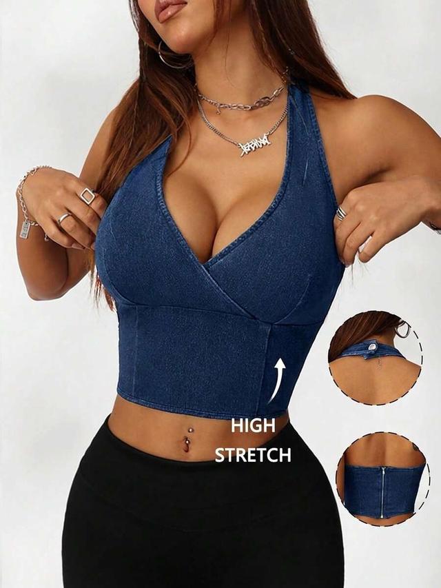 casual halter neck tight fit blue denim top