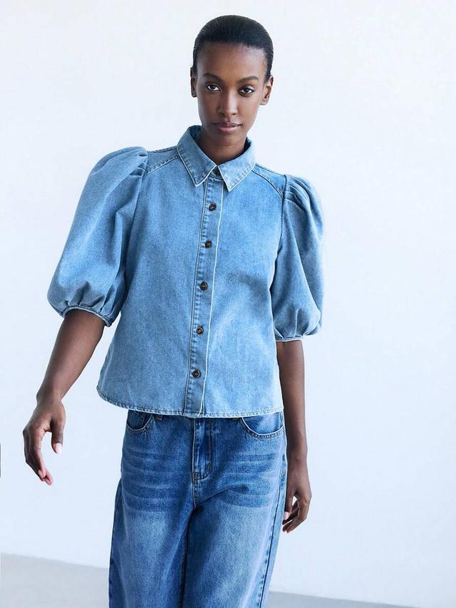 light wash denim shirt with petal sleeves