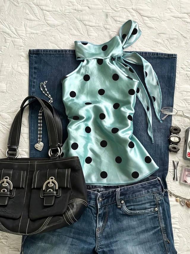 mint green polka dot satin halter tie top