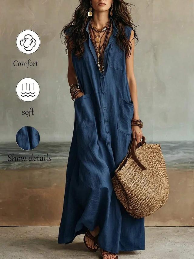 solid blue sleeveless button-down linen shirt dress
