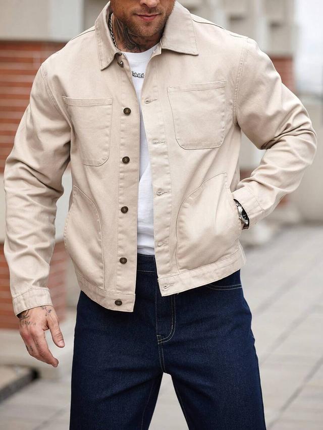 khaki denim motorcycle jacket with chest pockets