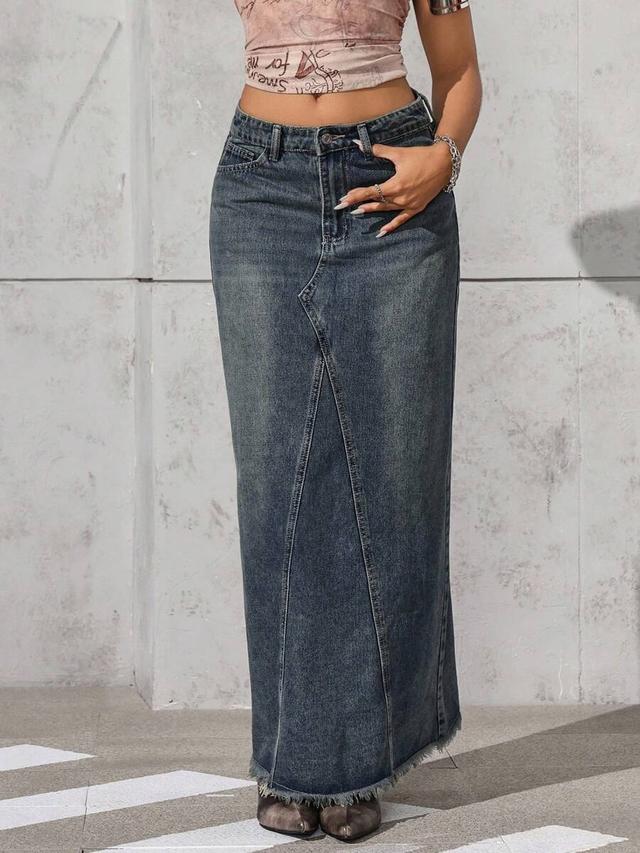 distressed denim midi skirt with front seam detail