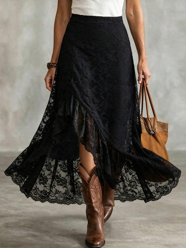 black lace patchwork casual versatile midi skirt