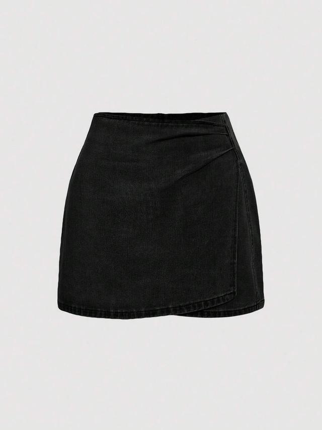 black denim wrap mini skirt