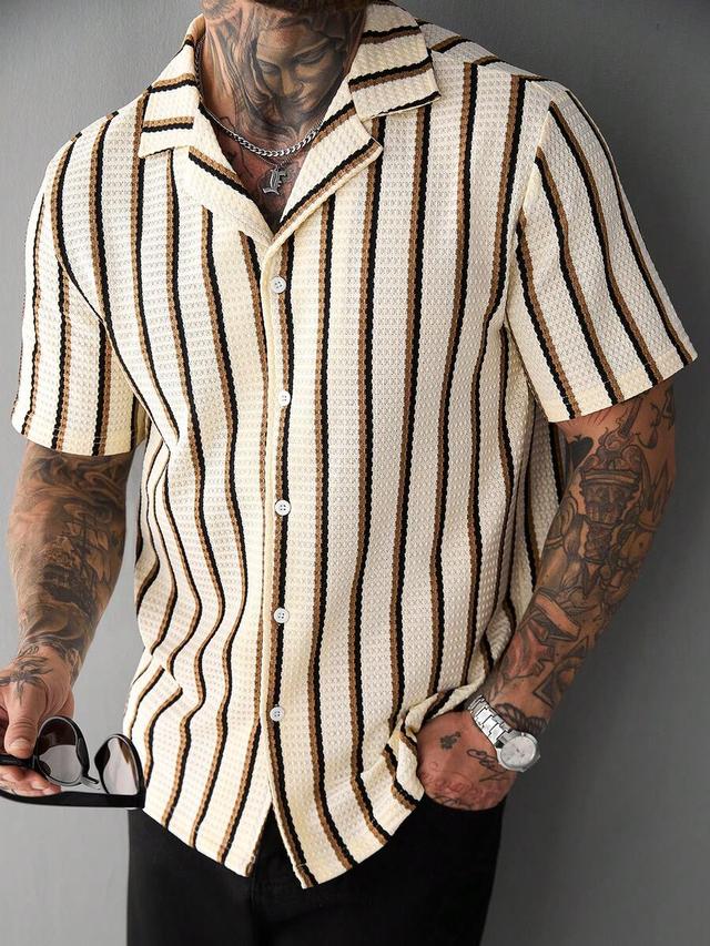 beige striped waffle knit cuban collar polo shirt