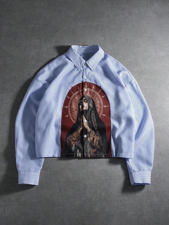 blue striped long sleeve loose button-up shirt