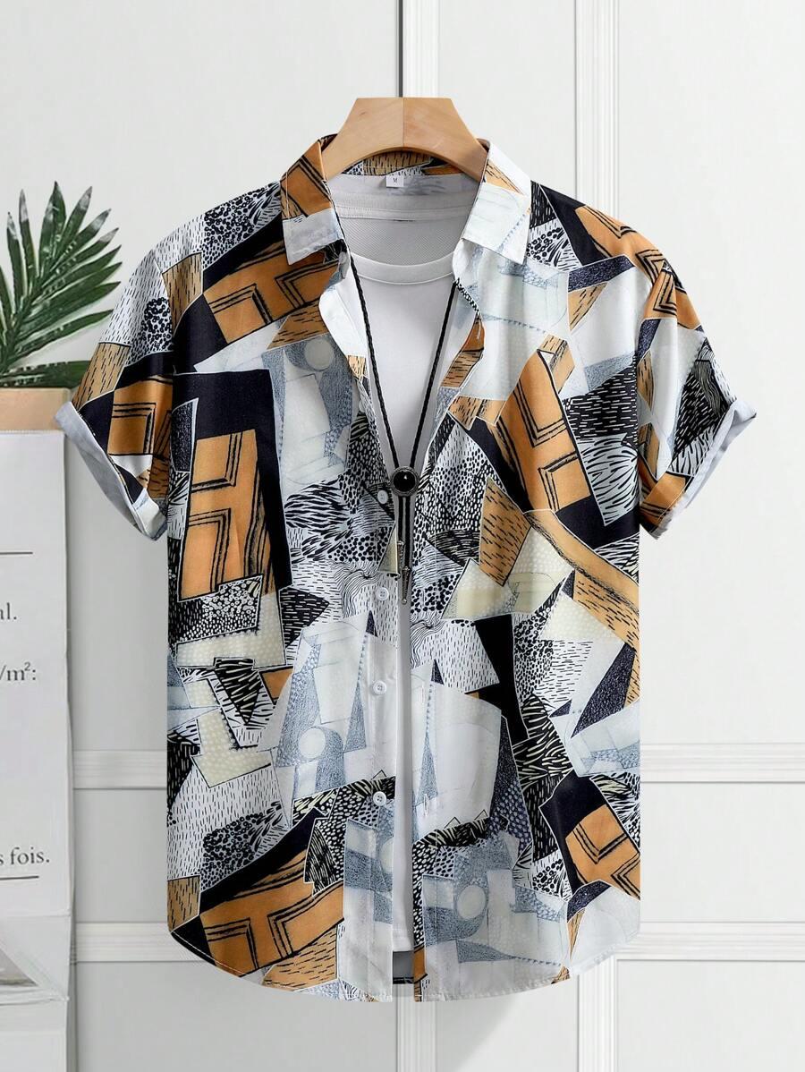 men's geometric print short sleeve casual shirt