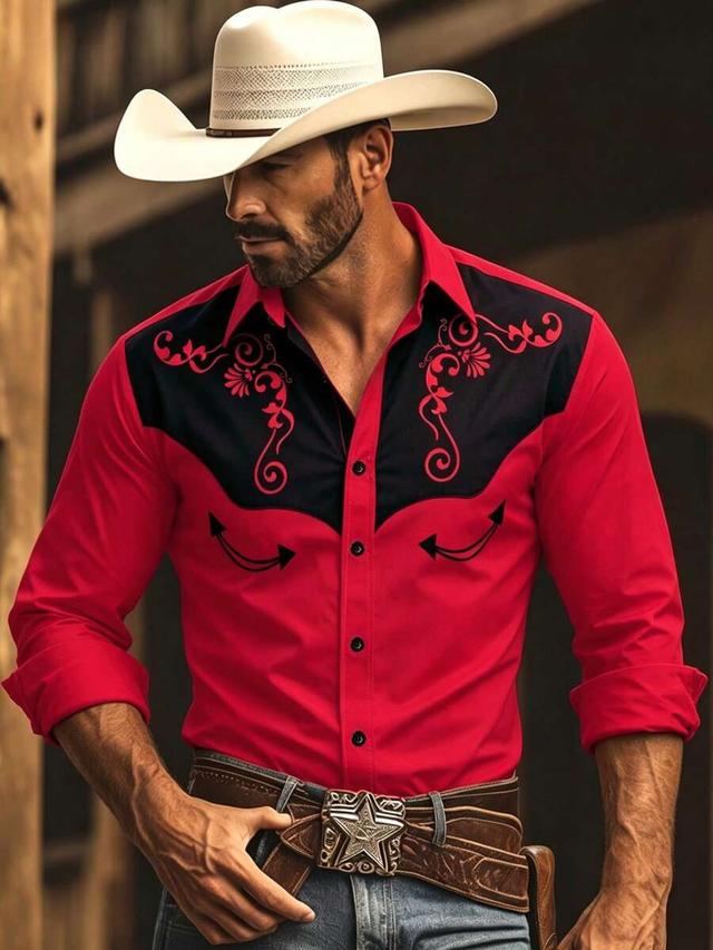 red western style patchwork print long sleeve shirt