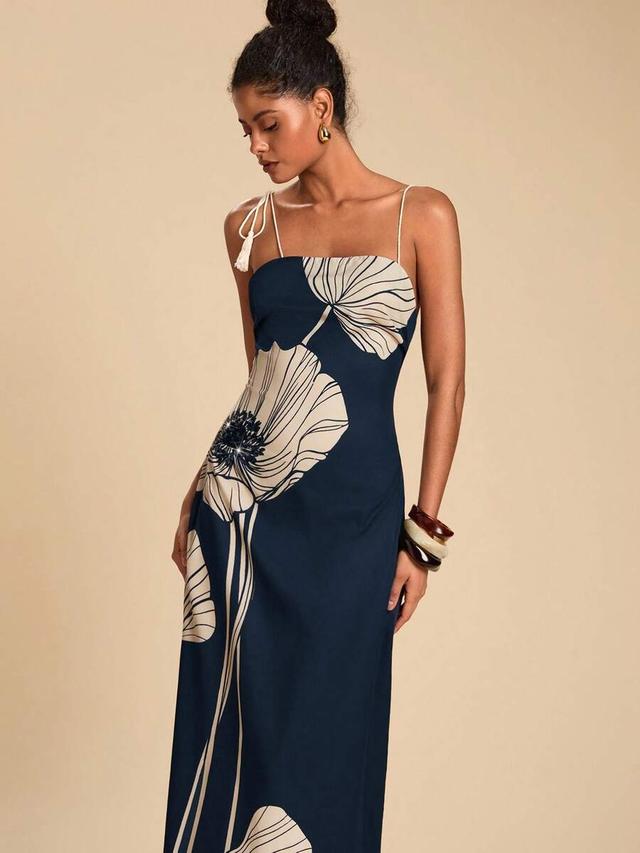 navy blue floral print midi slip dress