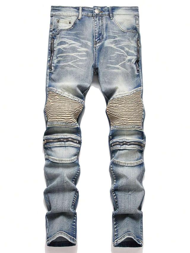 men's slim fit biker jeans with distressed stretch denim