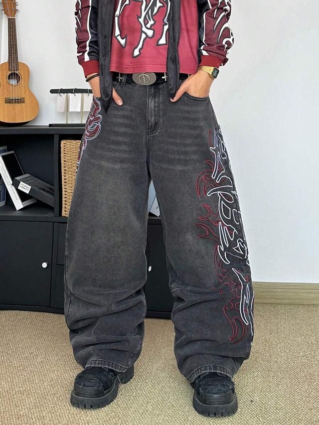 vintage distressed loose fit jeans with flame embroidery