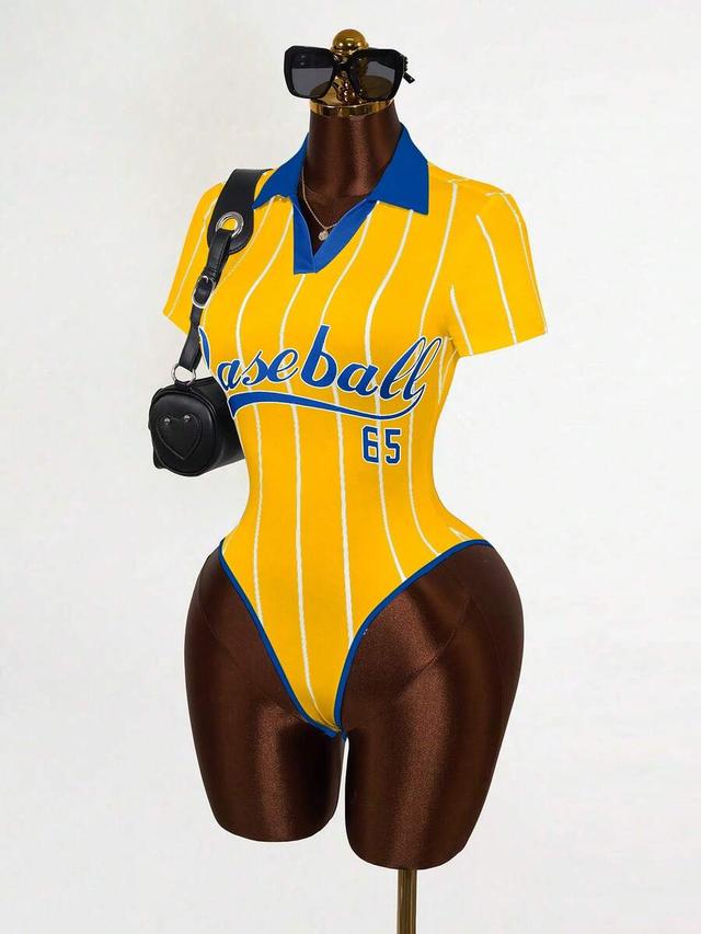 mistrie yellow striped baseball print one-piece swimsuit