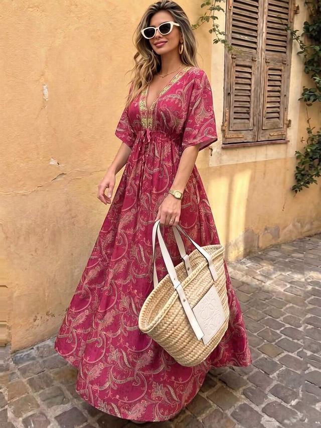 v-neck drop shoulder patterned long dress