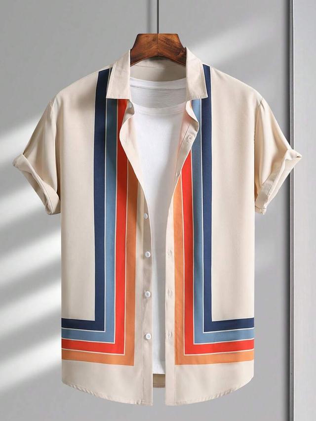 beige short sleeve shirt with colorful block stripe graphic