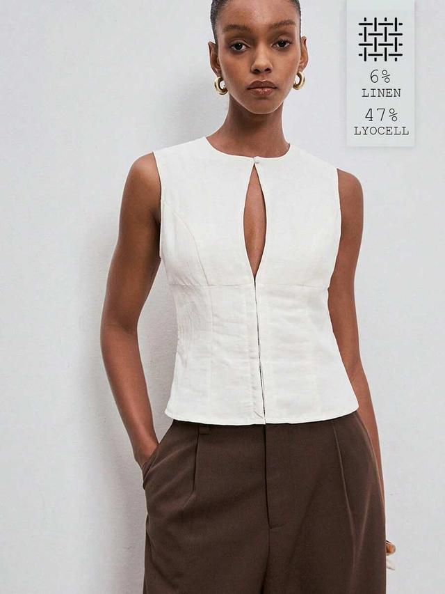 linen blend sleeveless hollow out white top