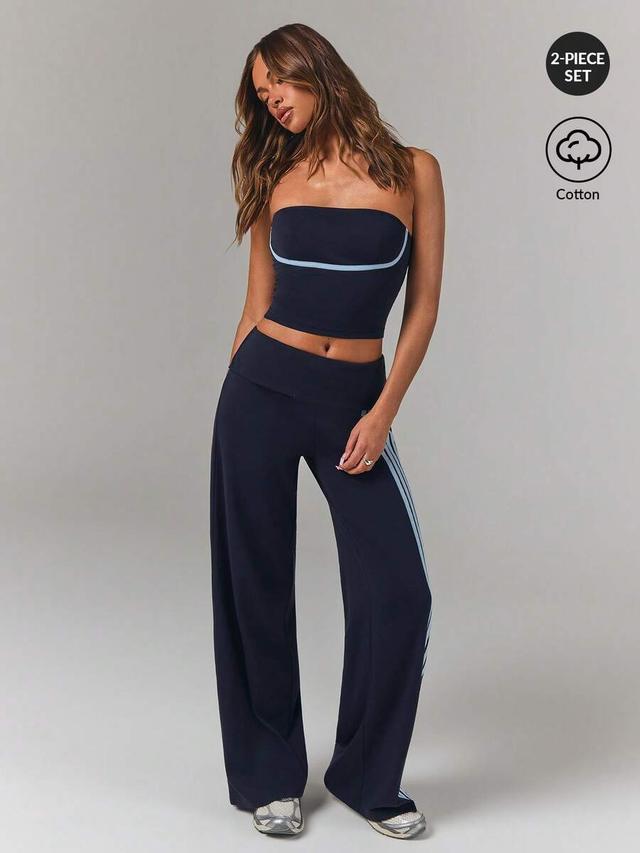 navy knit tube top and wide leg pants set