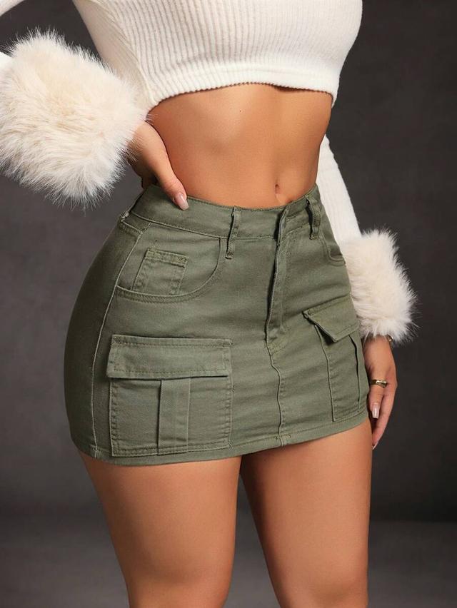 olive green slim fit mini denim cargo skirt